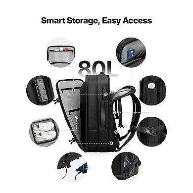 Expandable 80L Vacuum Backpack with USB Charging, Padded Straps, Reflective Strips, and Mini Compass