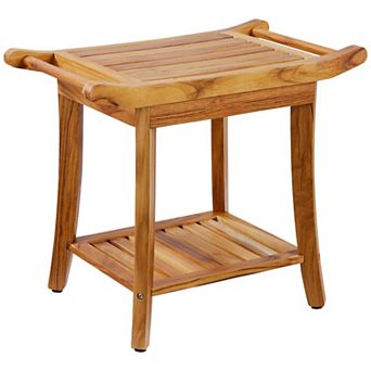 Compact Teak Shower Bench with Shelf and Adjustable Feet, Bathroom Seat