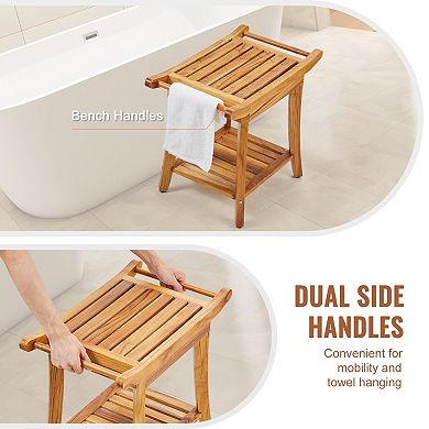 Compact Teak Shower Bench with Shelf and Adjustable Feet, Bathroom Seat