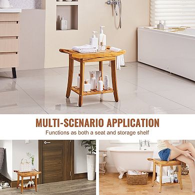 Compact Teak Shower Bench with Shelf and Adjustable Feet, Bathroom Seat