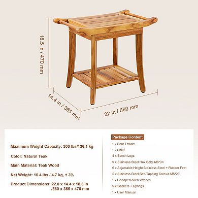 Compact Teak Shower Bench with Shelf and Adjustable Feet, Bathroom Seat