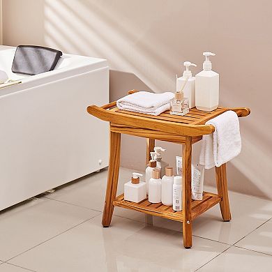 Compact Teak Shower Bench with Shelf and Adjustable Feet, Bathroom Seat