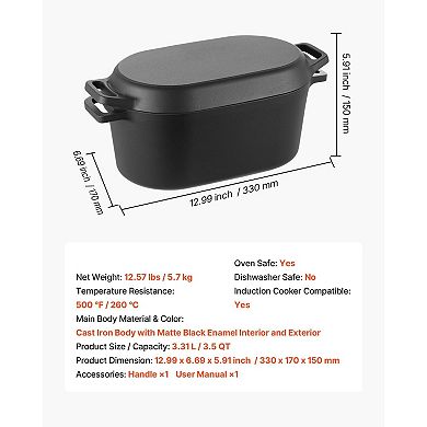 Cast Iron Dutch Oven 3.5 Qt Enamel Coated Reversible Lid for Baking and Cooking
