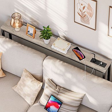 Narrow Behind-Sofa Console Table with Built-In Outlets & USB Ports, Slim Side Table for Living Room