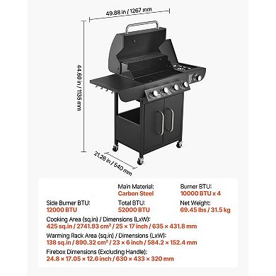 4 Burner Gas Grill with Side Burner Large Cooking Area for Backyard Grilling
