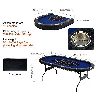 Foldable Poker Table with Cup Holders and Padded Armrests, Seats 10
