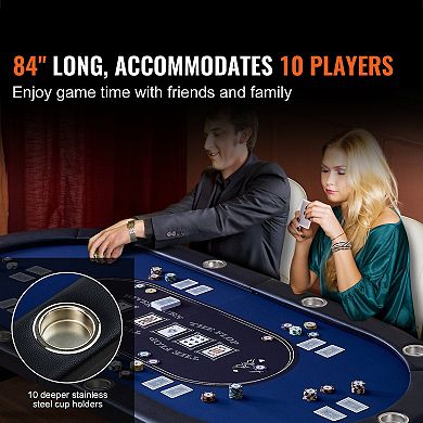 Foldable Poker Table with Cup Holders and Padded Armrests, Seats 10