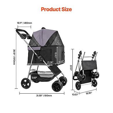 Foldable Pet Stroller for Dogs and Cats with One-Hand Quick Fold and Brakes