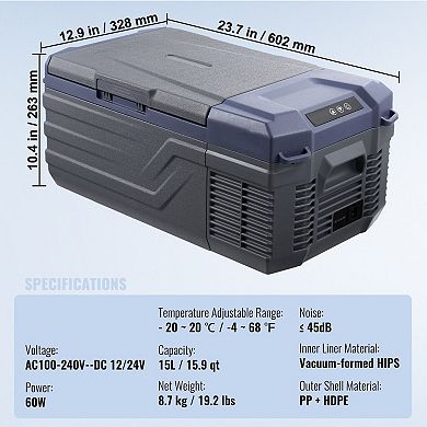 15L Mini Portable Car Refrigerator, AC/DC Electric Fridge with Quiet Operation