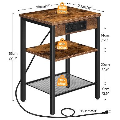 Small End Table with Charging Station, 3 Tier Side Table with 2 AC Outlets, USB and Type C Port