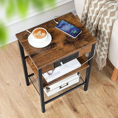 Small End Table with Charging Station, 3 Tier Side Table with 2 AC Outlets, USB and Type C Port