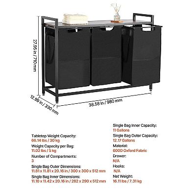 3-Bag Rolling Laundry Hamper Sorter with Tabletop Shelf