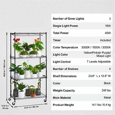 Vertical Indoor Plant Rack with 3 LED Grow Lights, Adjustable Height Shelves, and Wheels