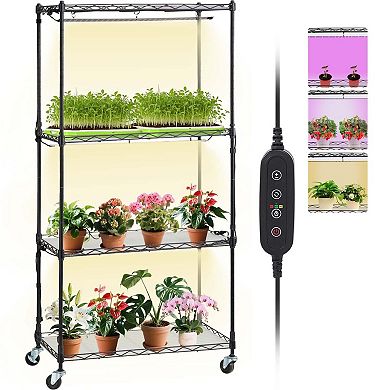 Vertical Indoor Plant Rack with 3 LED Grow Lights, Adjustable Height Shelves, and Wheels