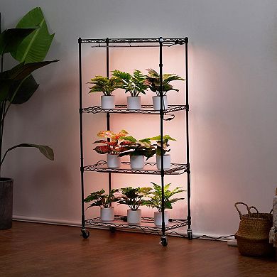 Vertical Indoor Plant Rack with 3 LED Grow Lights, Adjustable Height Shelves, and Wheels