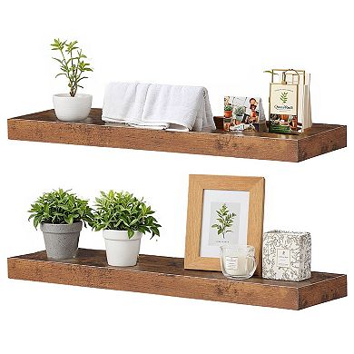 Set of 2 Floating Wall Shelves, Solid Wood with Concealed Iron Frame for Bedroom or Living Room