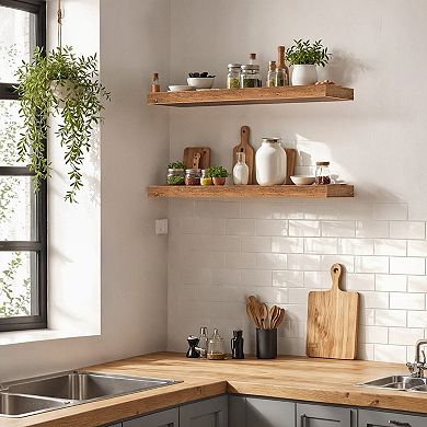 Set of 2 Floating Wall Shelves, Solid Wood with Concealed Iron Frame for Bedroom or Living Room