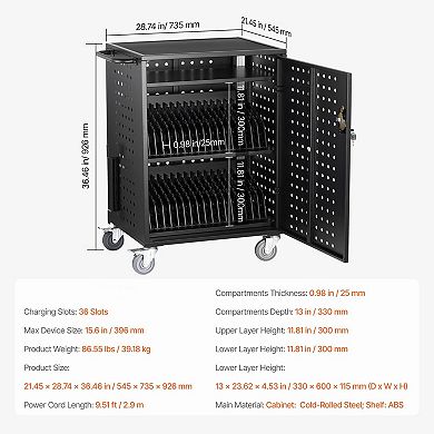 36-Slot Mobile Device Charging Cart with Power Strip and Cable Management