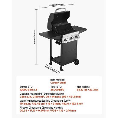 Backyard 3 Burner Gas Grill with Warming Rack and Pull-Out Grease Tray