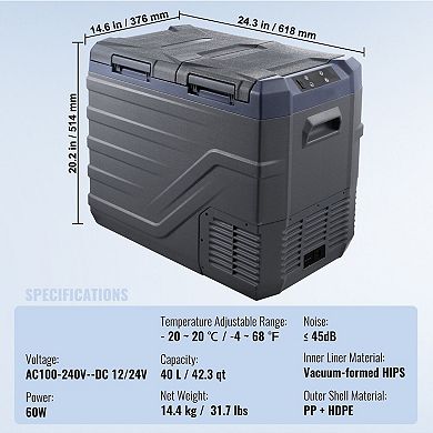 42 Quart Electric Portable Car Refrigerator with Dual Fridge and Freezer Compartments