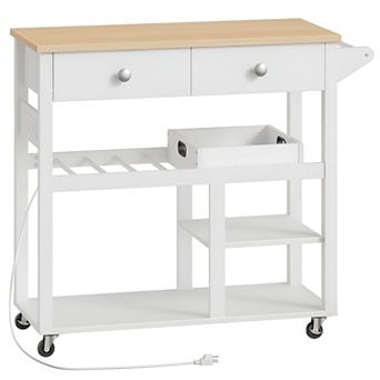 Kitchen Serving Cart with Built-In Power, 2 Drawers, 3 tier Shelves, Movable Tray, & Lockable Wheels