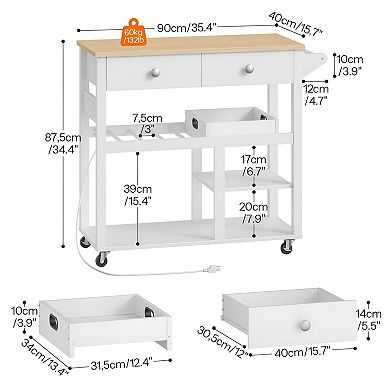 Kitchen Serving Cart with Built-In Power, 2 Drawers, 3-Tier Shelves, Movable Tray, & Lockable Wheels