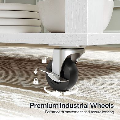 Kitchen Serving Cart with Built-In Power, 2 Drawers, 3-Tier Shelves, Movable Tray, & Lockable Wheels