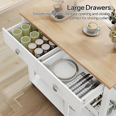 Kitchen Serving Cart with Built-In Power, 2 Drawers, 3-Tier Shelves, Movable Tray, & Lockable Wheels