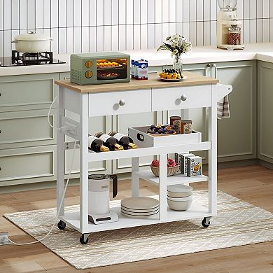 Kitchen Serving Cart with Built-In Power, 2 Drawers, 3-Tier Shelves, Movable Tray, & Lockable Wheels