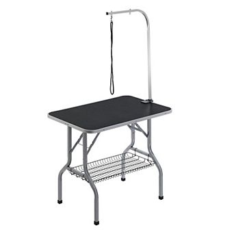 Portable Pet Grooming Table with Adjustable Arms Tool Shelf and Non-Slip Tabletop