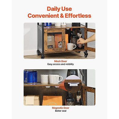 Farmhouse Coffee Bar Cabinet with Wheels, Mesh Doors and Storage Shelves