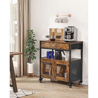 Farmhouse Coffee Bar Cabinet with Wheels, Mesh Doors and Storage Shelves