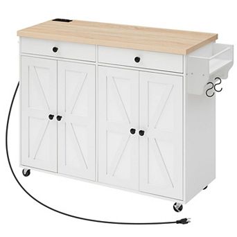 Rolling Kitchen Island with Built-In Charging Station, 2 Drawers, 2 Cabinets, and Side Spice Rack