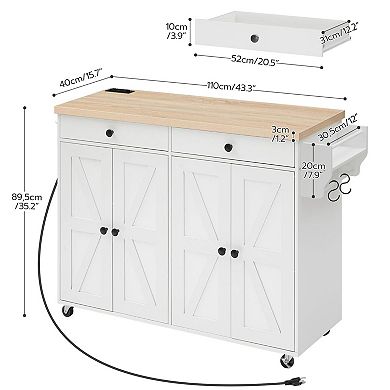Rolling Kitchen Island with Built-In Charging Station, 2 Drawers, 2 Cabinets, and Side Spice Rack