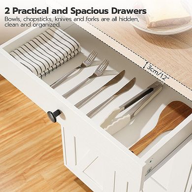Rolling Kitchen Island with Built-In Charging Station, 2 Drawers, 2 Cabinets, and Side Spice Rack