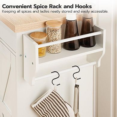 Rolling Kitchen Island with Built-In Charging Station, 2 Drawers, 2 Cabinets, and Side Spice Rack