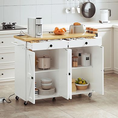 Rolling Kitchen Island with Built-In Charging Station, 2 Drawers, 2 Cabinets, and Side Spice Rack