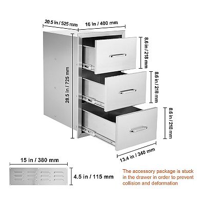 3-Tier Stainless Steel Kitchen Drawer for Utensils, Dishes, and BBQ Tools