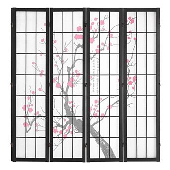 Folding Room Divider 4 Panel with Cherry Blossom Panels for Bedroom or Living Room