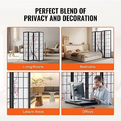 Folding Room Divider 4 Panel with Cherry Blossom Panels for Bedroom or Living Room