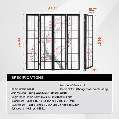 Folding Room Divider 4 Panel with Cherry Blossom Panels for Bedroom or Living Room