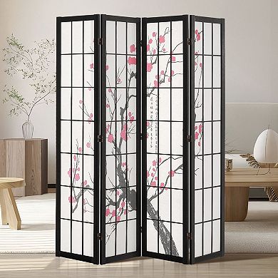 Folding Room Divider 4 Panel with Cherry Blossom Panels for Bedroom or Living Room