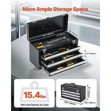 Metal Tool Box with Top Compartment and 3 Drawers, Auto-Lock