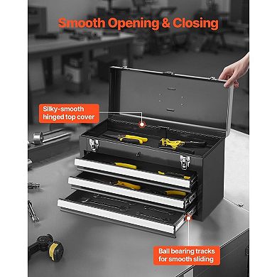 Metal Tool Box with Top Compartment and 3 Drawers, Auto-Lock