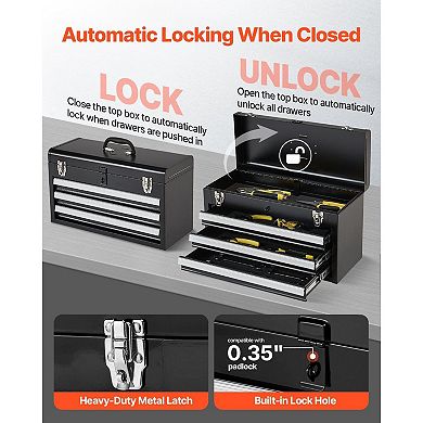 Metal Tool Box with Top Compartment and 3 Drawers, Auto-Lock