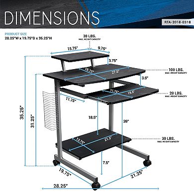 Compact Computer Cart with Adjustable Shelf, Keyboard Tray, CPU Storage, and Casters