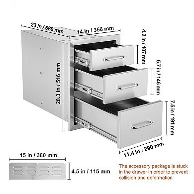 3 Tier Compact Stainless Steel Drawer for Kitchen, BBQ, or Outdoor Cooking Spaces