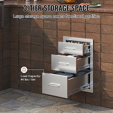 3 Tier Compact Stainless Steel Drawer for Kitchen, BBQ, or Outdoor Cooking Spaces