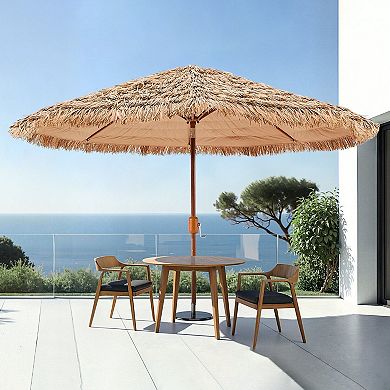 Outdoor Tiki Umbrella Canopy Adjustable Thatch Design Manual Crank Patio or Pool