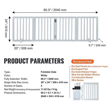 Freestanding Wooden Dog Gate Adjustable Width with Foldable Panels